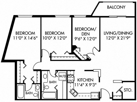 Floor plan for 3 beds, 2 baths, 1254 sqft